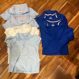 4-5T girls uniform shirt lot. Four short sleeve, and two long sleeve.